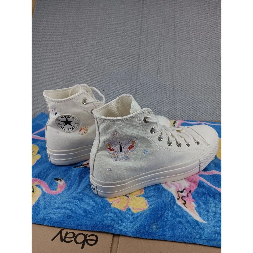 Converse All Star Lift Platform Women 10‎ White Butterfly Embroidered Y2K Hi-Top
